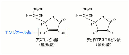 アスコルビン酸とデヒドロアスコルビン酸の構造式
